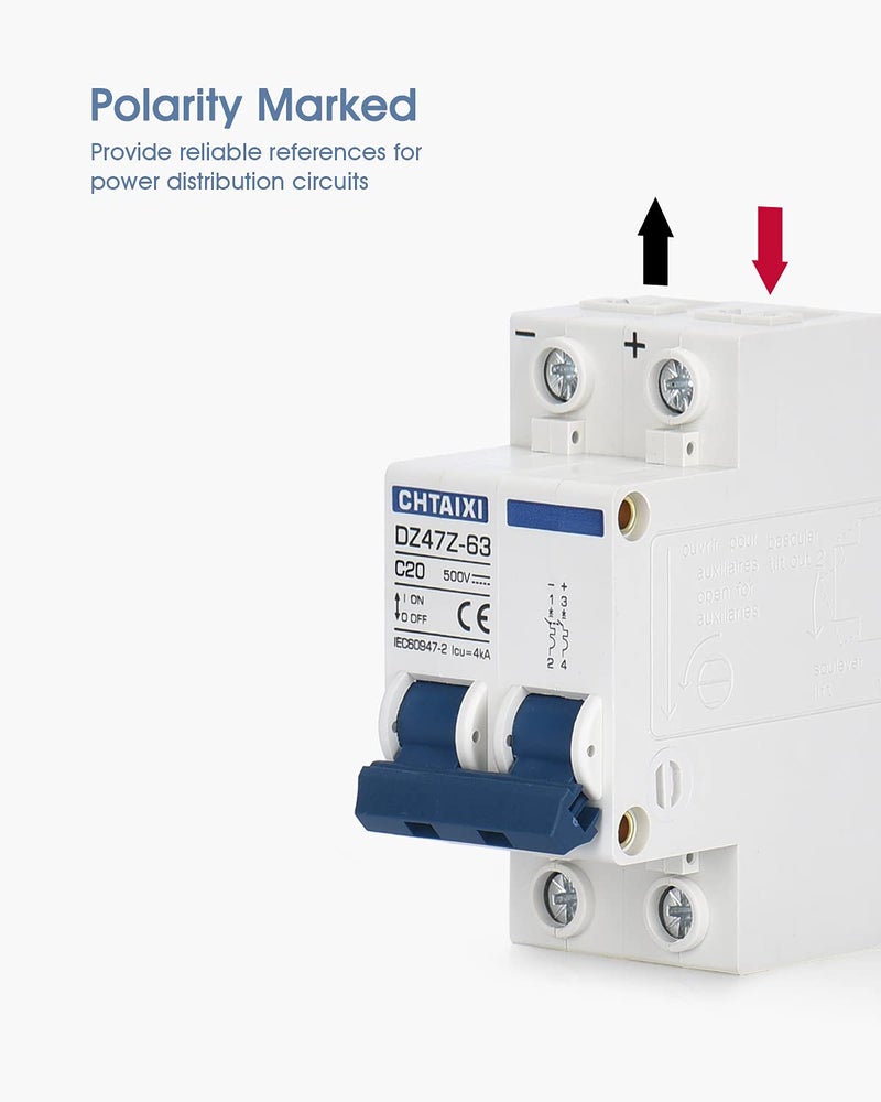 CHTAIXI DC Miniature Circuit Breaker, 2 Pole 500V 20 Amp Isolator for Solar PV System, Thermal Magnetic Trip, DIN Rail Mount, DC Disconnect Switch C20 - Image 5